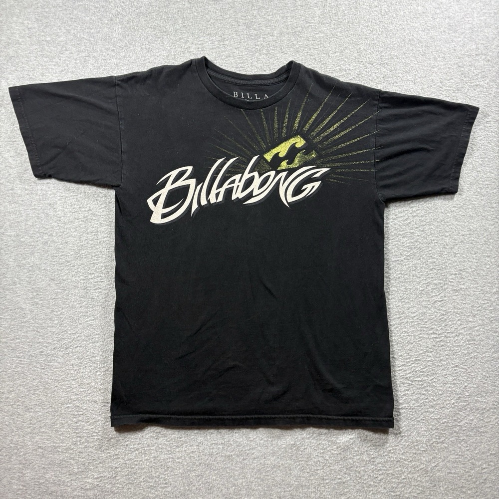 Vintage Y2K Billabong T Shirt Mens Medium Black Sunburst Big Logo Surf Skate Tee